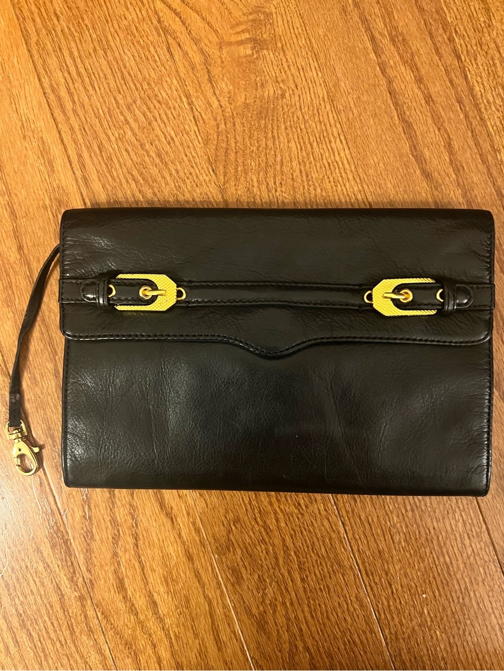 Rebecca Minkoff Double Buckle Black Leather Clutch Gold Hardware